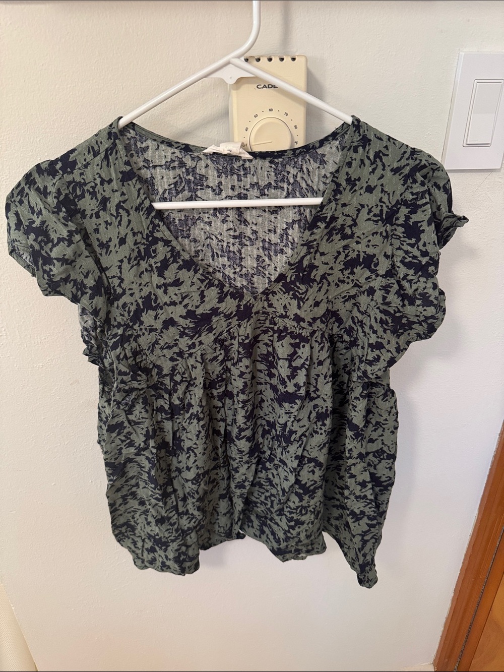 Nordstrom Olive Green and Black V-Neck Short Sleeve Blouse